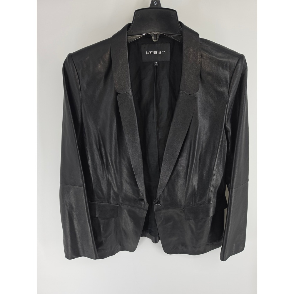 Lafayette 148 New York Black Leather Blazer Jacket Silk Blend Lining Size 10